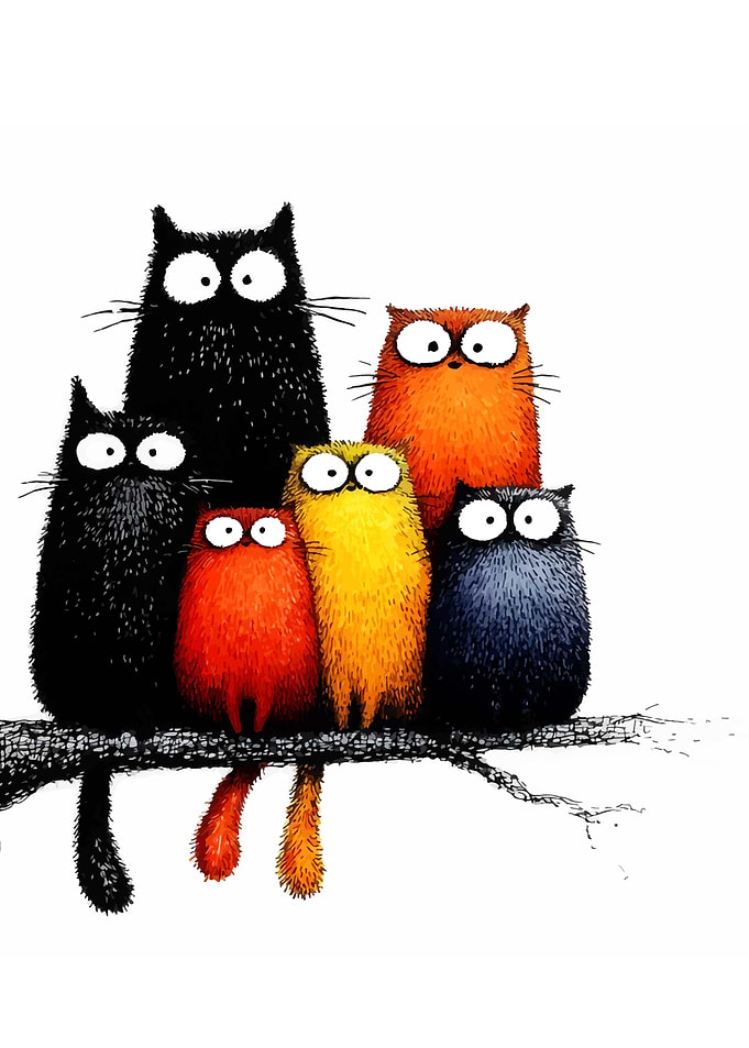 Six Fluffy Cats on a Branch