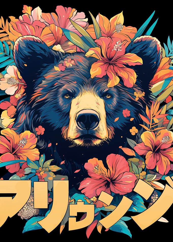 Bear surrounded by tropical flowers