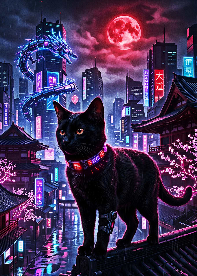 Cyberpunk Black Cat Neon Tokyo