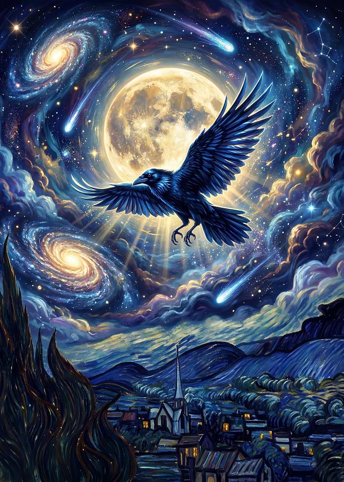 Raven flying under a starry Van Gogh sky