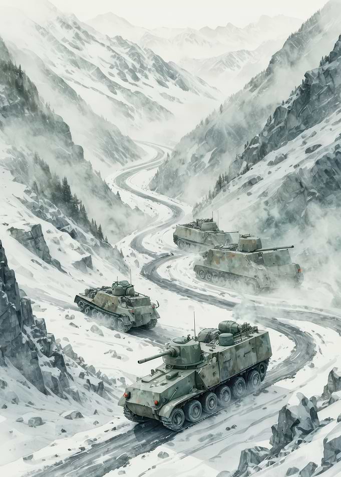 Snowbound Convoy — Armored Vehicles Traversing a Mountain Pass