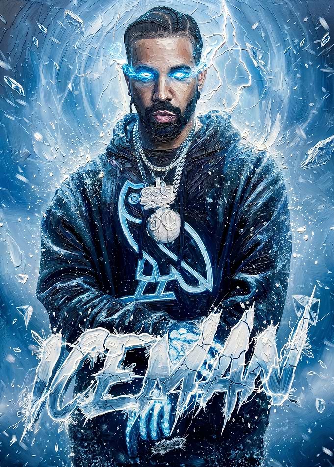 Drake with glowing eyes and ice