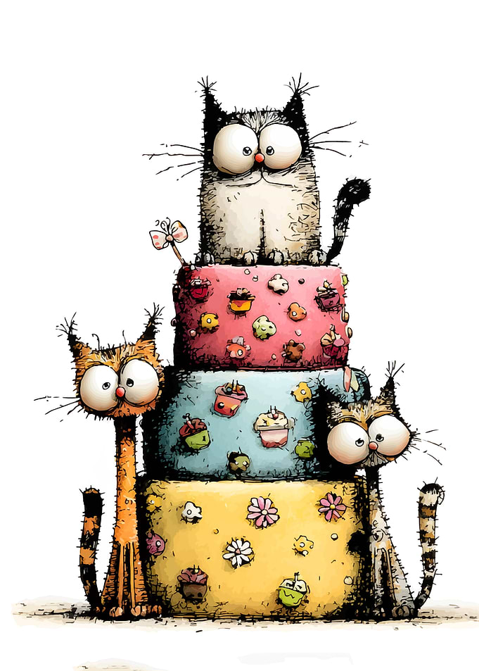 Three Cartoon Cats on a Cake