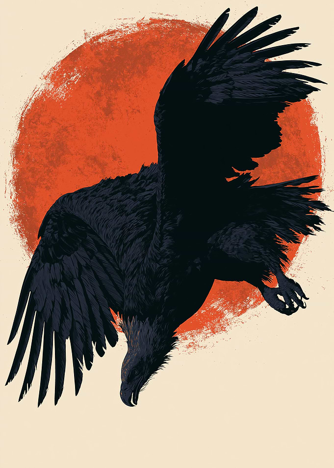 Black Eagle Diving Against Orange Sun