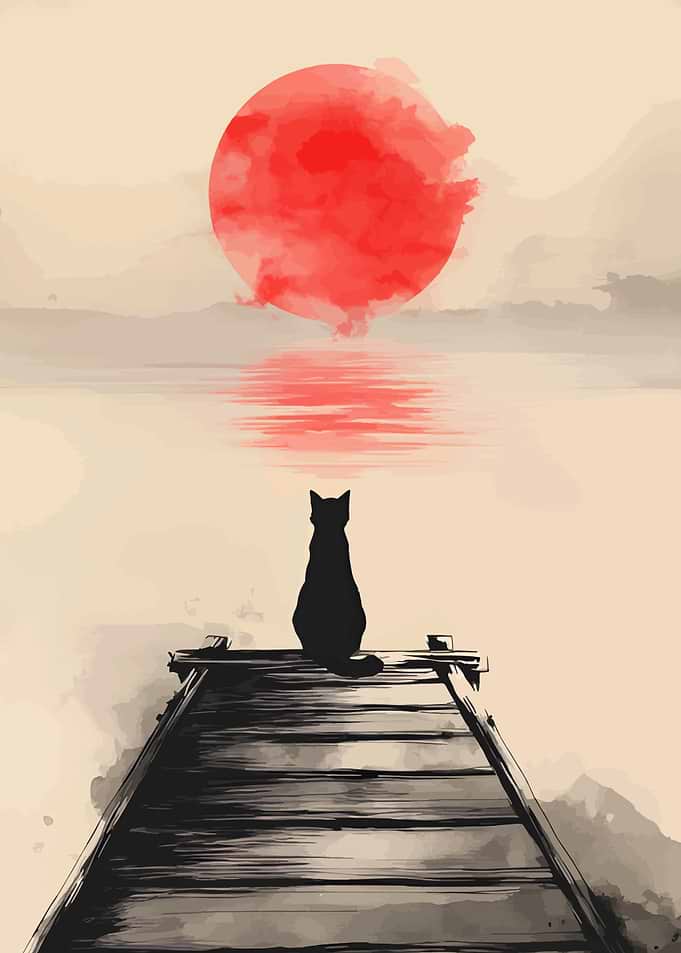 Black Cat Watching Red Sun Over Water