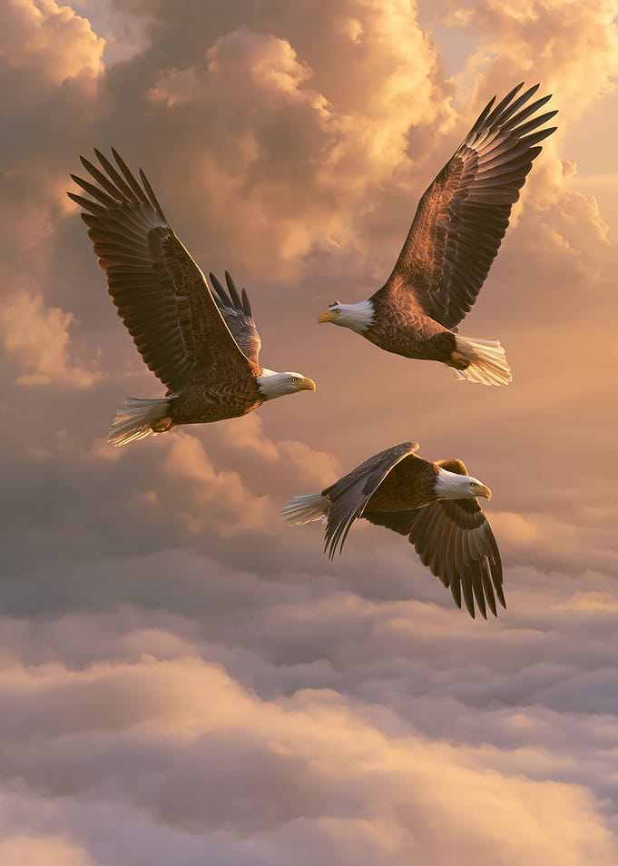 Three Eagles Soaring in Clouds