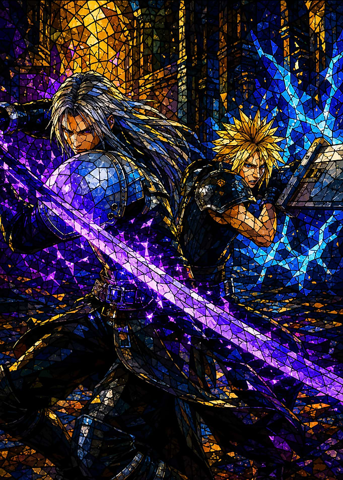 Sephiroth and Cloud in Stained Glass