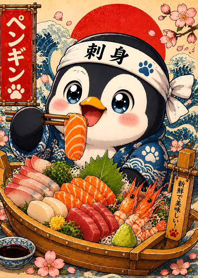 Penguin Chef Enjoying Sashimi