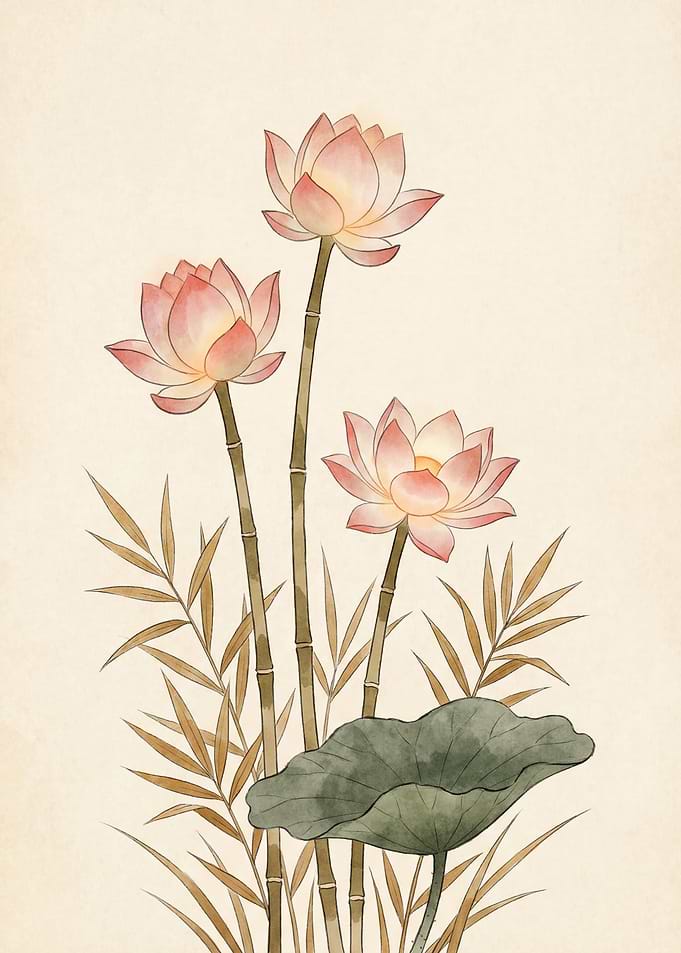Watercolor Lotus Flowers and Bamboo