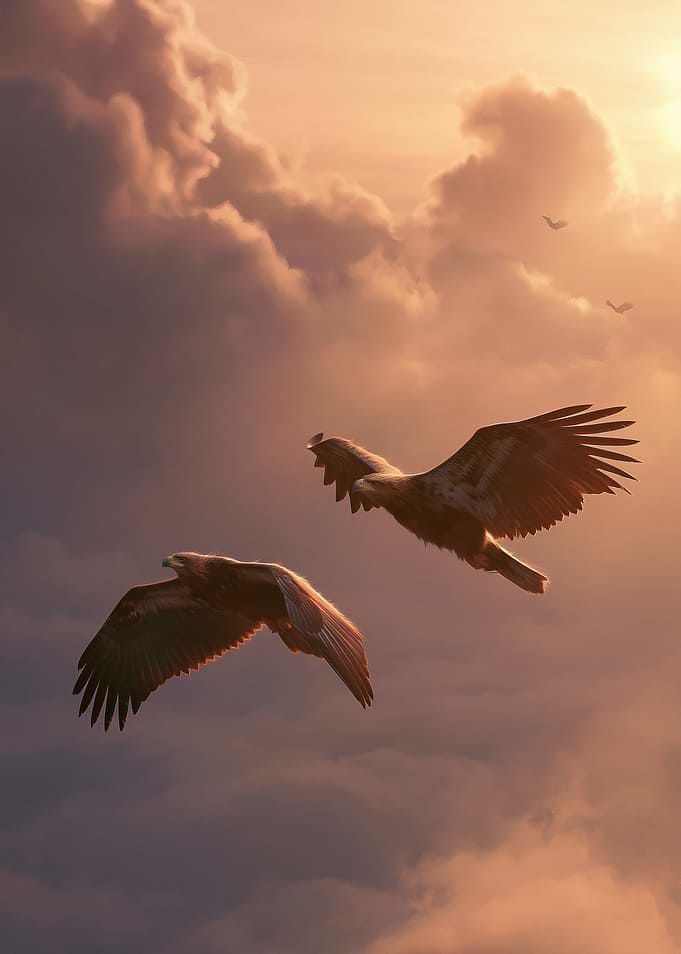 Eagles soaring at sunset