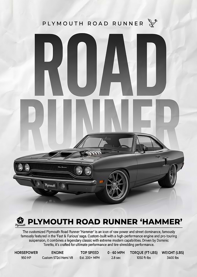 sleek black Plymouth Road Runner 'Hammer' car Poster