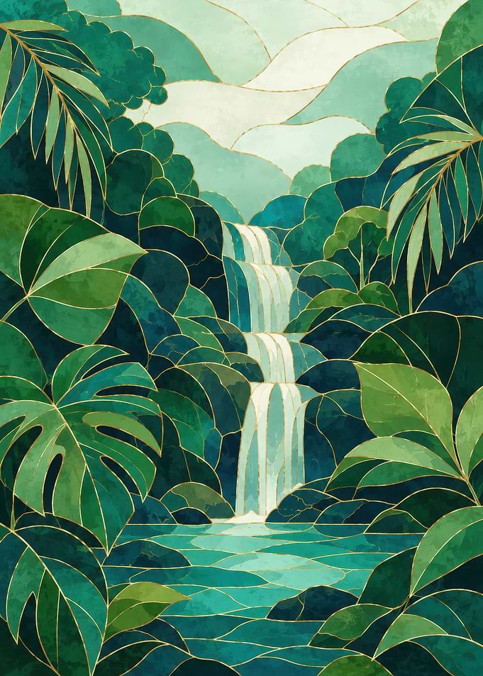 Jungle Waterfall with Tropical Leaves