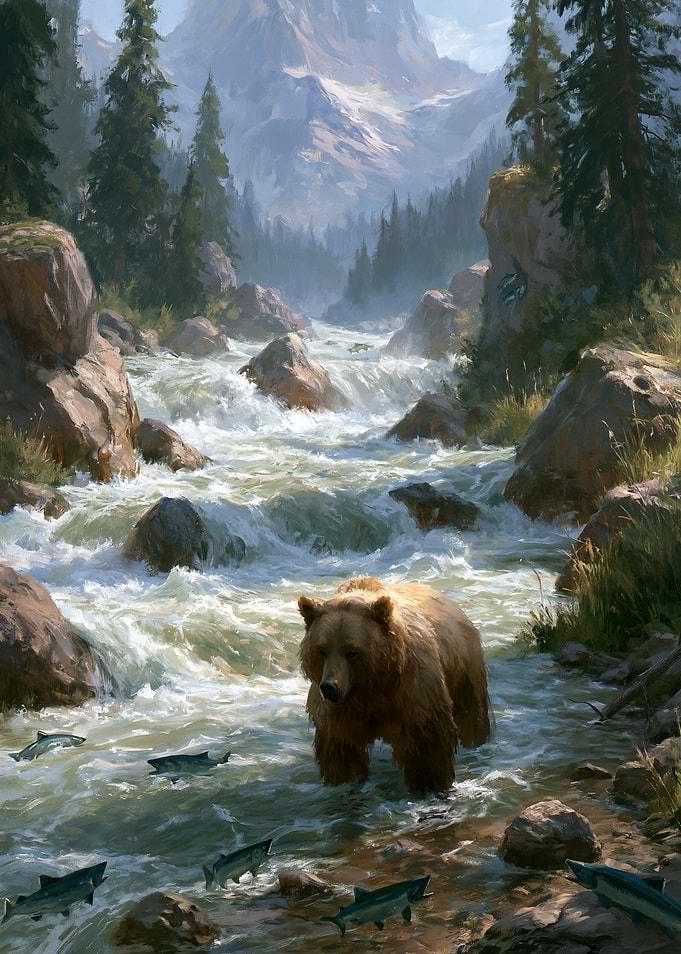 Bear fishing in a mountain river