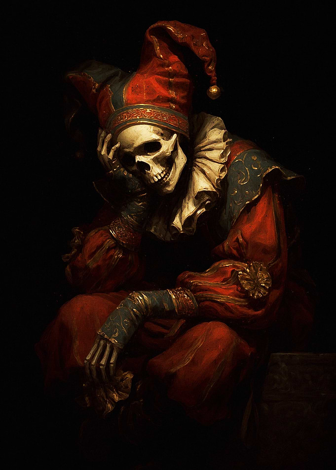 Skeleton Jester in Red and Blue Costume