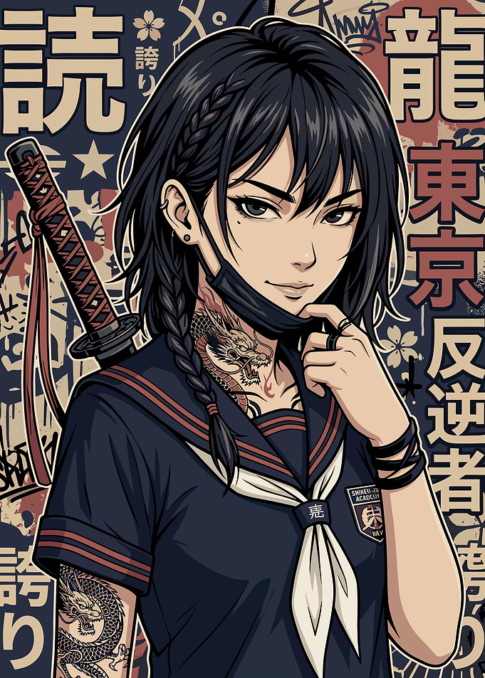 Anime Girl with Katana and Tattoos
