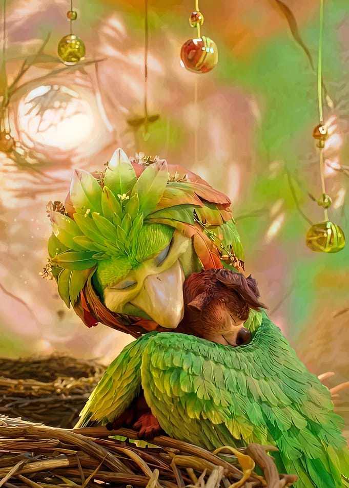 Two creatures embracing in a nest