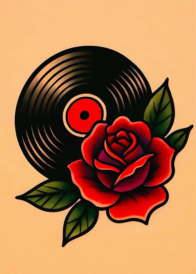 Vinyl Record and Rose Tattoo Art