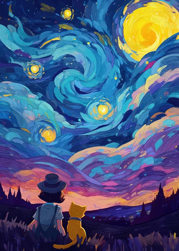 Child and Cat Under Starry Sky