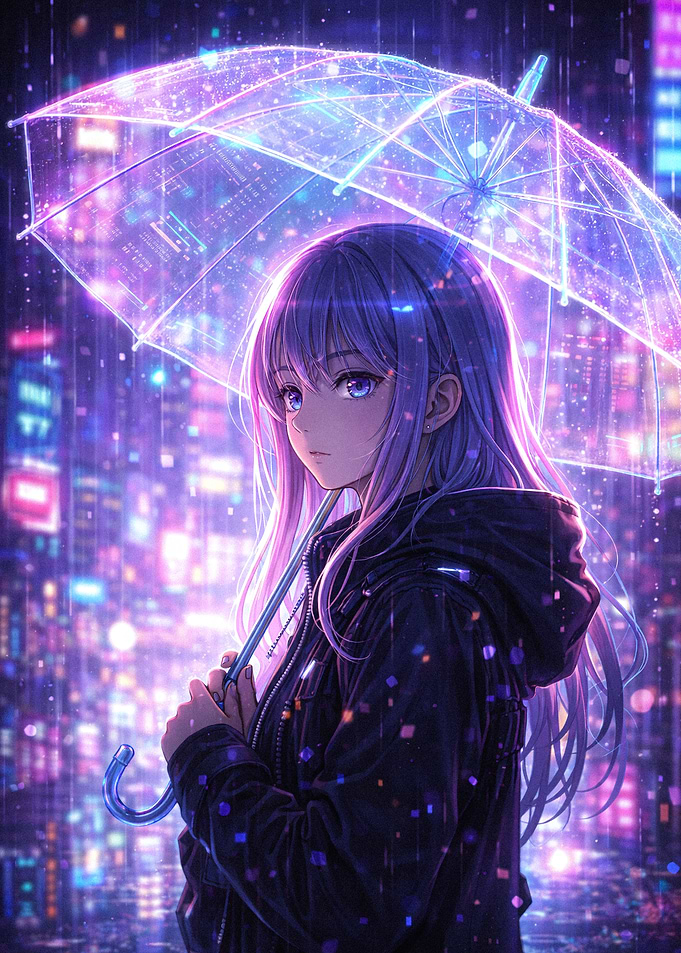 Anime Girl with Glowing Umbrella in Rainy City