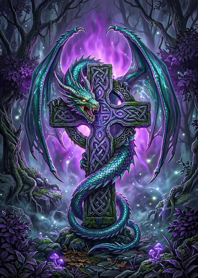 Dragon on Celtic Cross in Mystical Forest