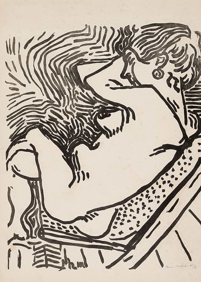 Nude reclining figure with patterned fabric