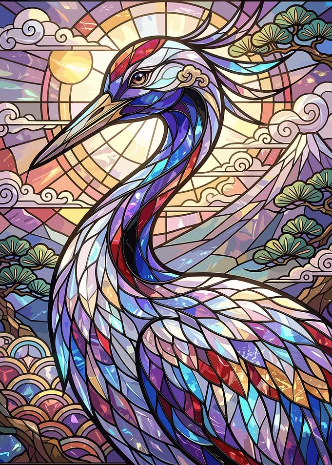 Stained Glass Crane and Mountain Landscape