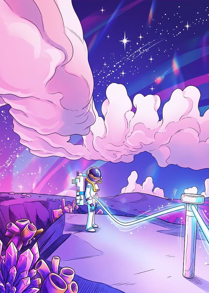 Astronaut on alien planet with colorful sky