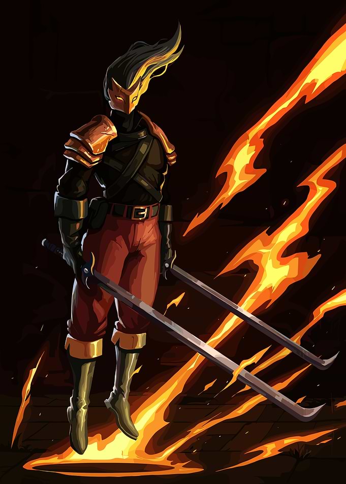 Fiery Warrior with Dual Swords
