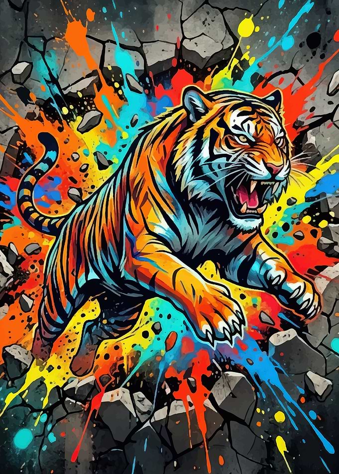 Aggressive Tiger with Colorful Splashes