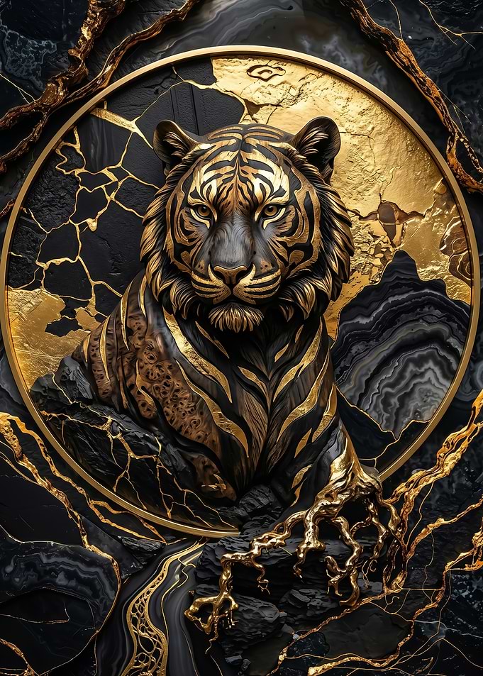 fantasy Golden Tiger on Black Marble