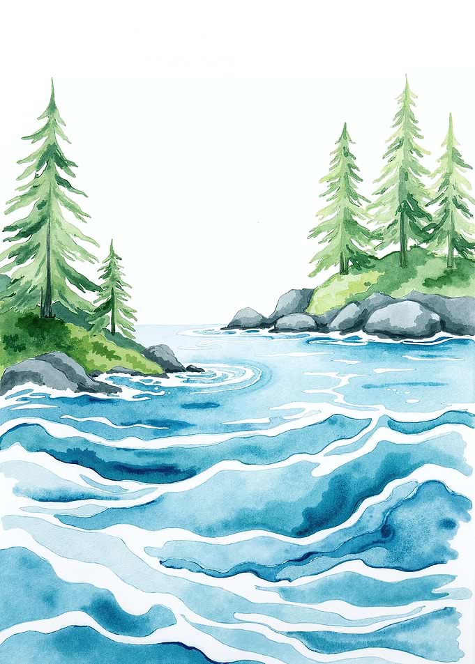 Watercolor painting of a serene lake scene