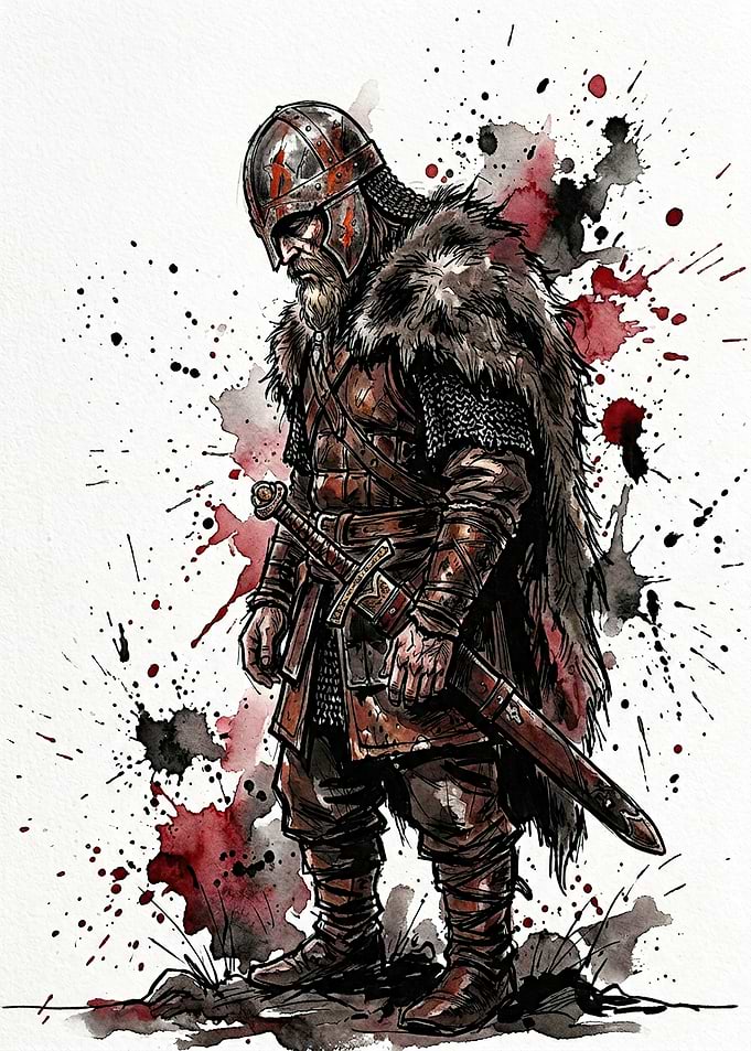 Viking warrior with sword and fur cloak