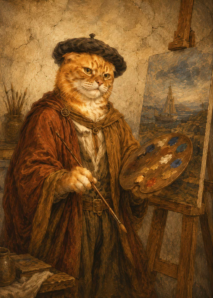 Anthropomorphic Cat Artist Painting