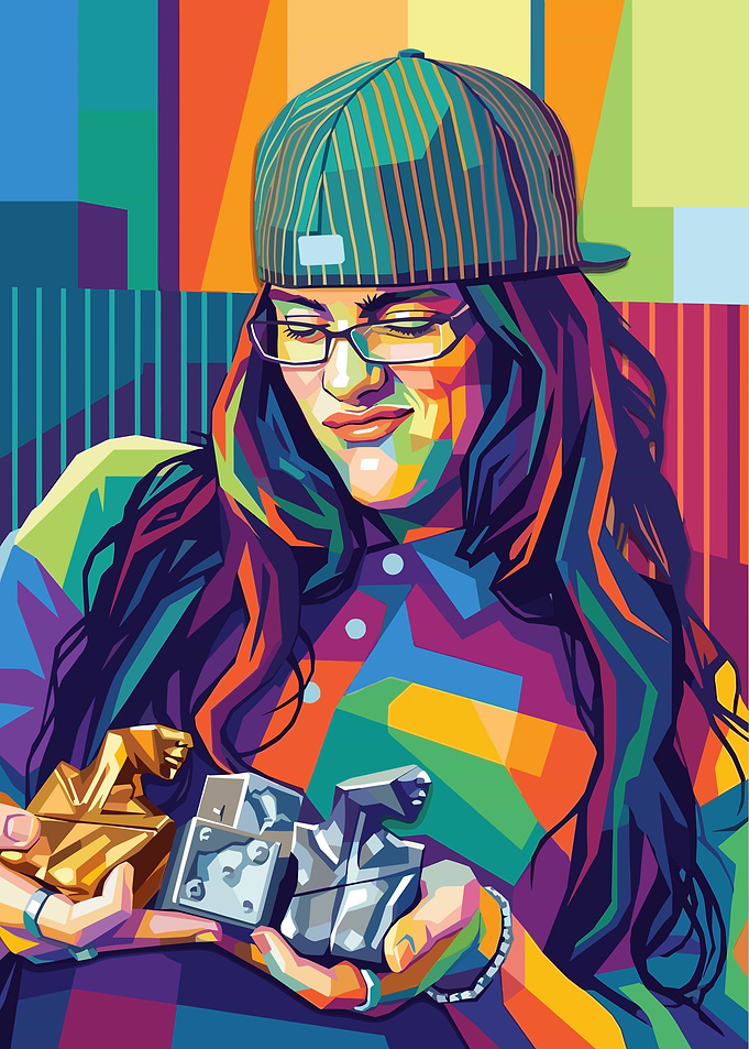 Billie Eilish in Pop Art Style Holding Figurines