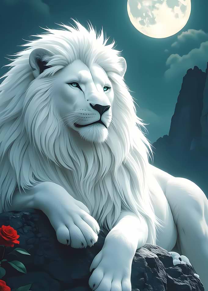 Majestic White Lion Under the Moon