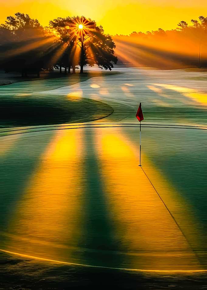 Golf course sunrise with sunbeams