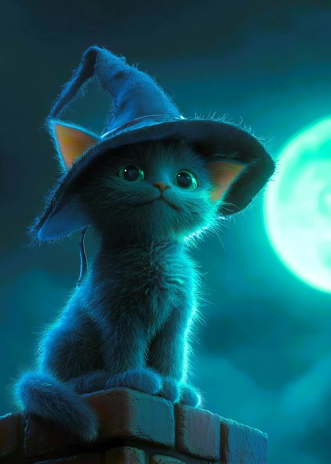 Cute Witch Cat Under the Moon