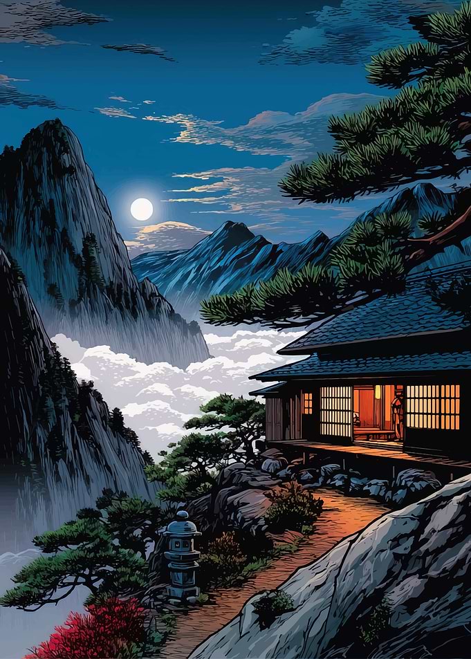 Moonlit Japanese Mountain Pagoda
