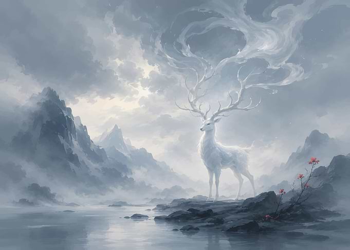 Mystical White Stag in Misty Mountains