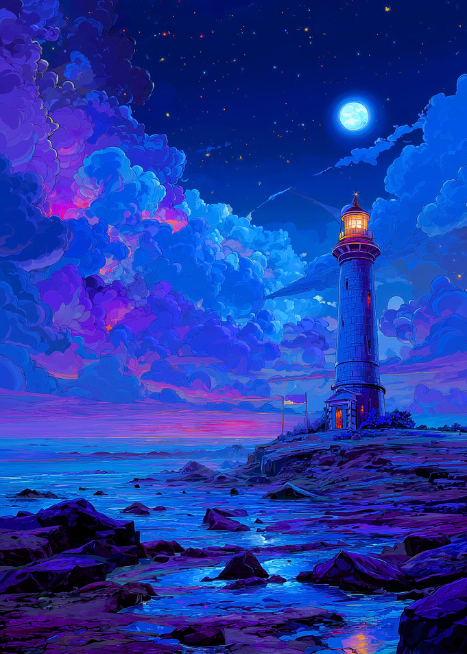 Lighthouse Under a Starry Night Sky