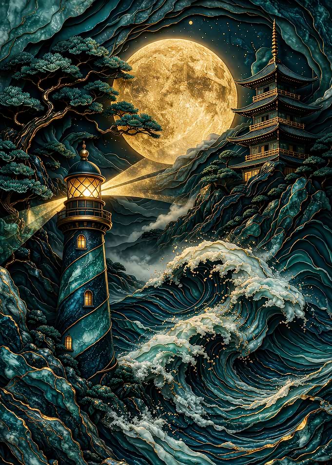 Mystical Lighthouse and Pagoda under a Full Moon