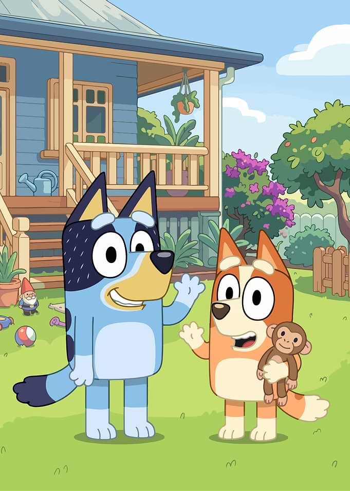 Bluey and Bingo in the backyard