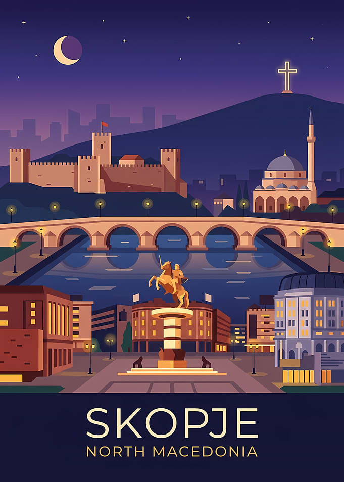 Skopje North Macedonia Cityscape at Night