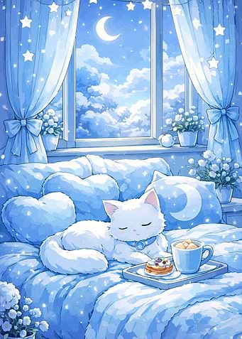 Cute Cat Sleeping on Bed with Moon and Stars