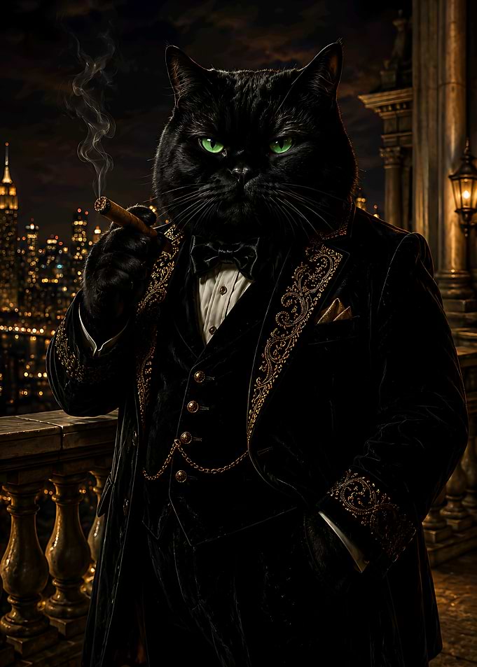 Black Cat Fathers Day Gift Balcony View Night Cityscape Smoking Cigar