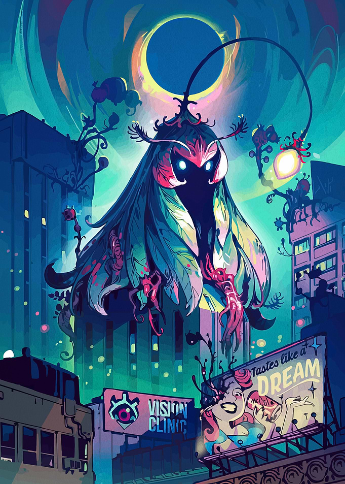 Giant Moth Creature in a Neon Cityscape