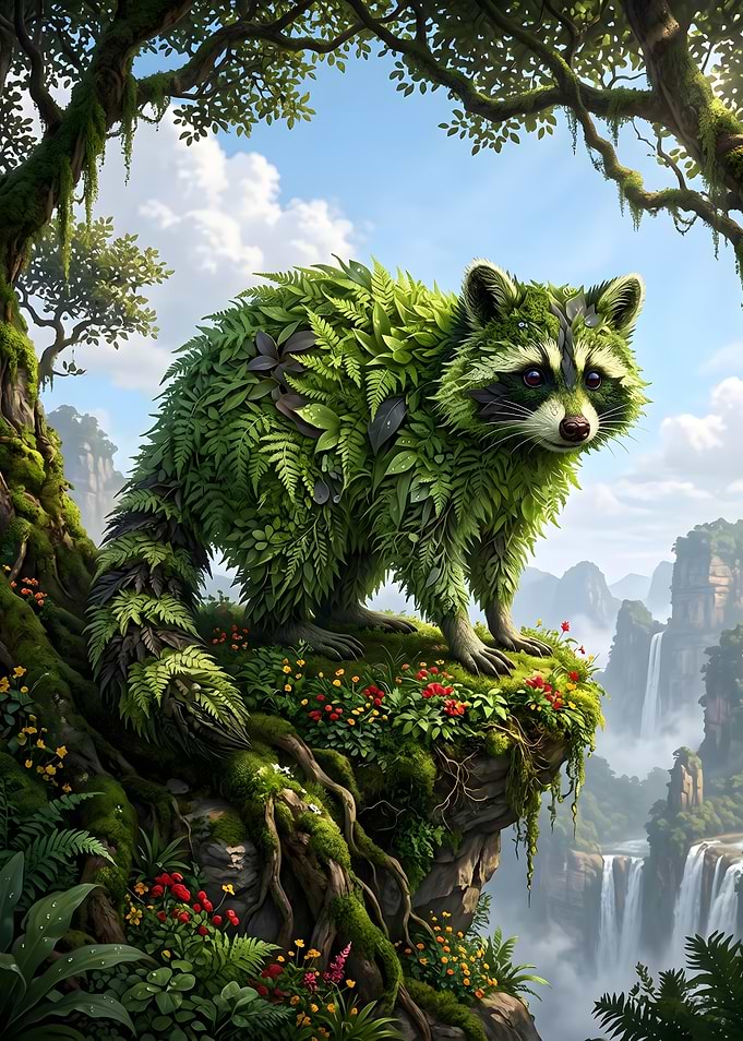 Raccoon Covered in Greenery on Cliff