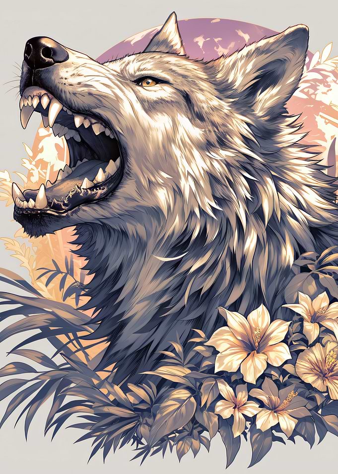Fierce Wolf Roaring Among Flowers