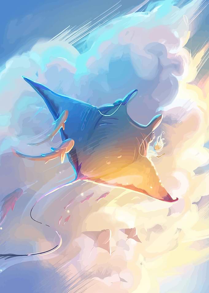 Manta Ray Flying Through Clouds
