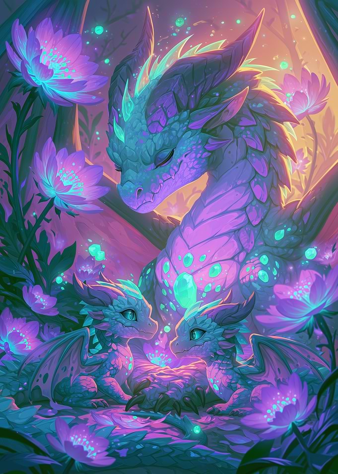 Mother Dragon and Babies in Magical Forest